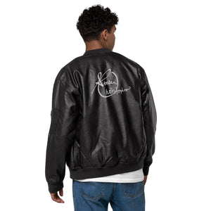 Steven Christopher Lifestyle Wear | Unisex Black Faux Leather Bomber Jacket w/ White Embroidery