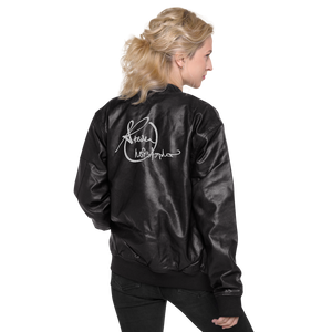 Steven Christopher Lifestyle Wear | Unisex Black Faux Leather Bomber Jacket w/ White Embroidery