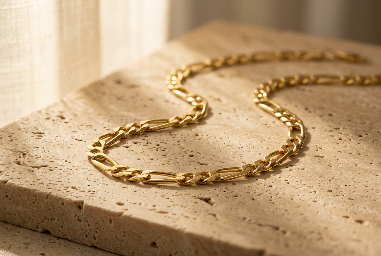 14K gold figaro chain on warm travertine stone
