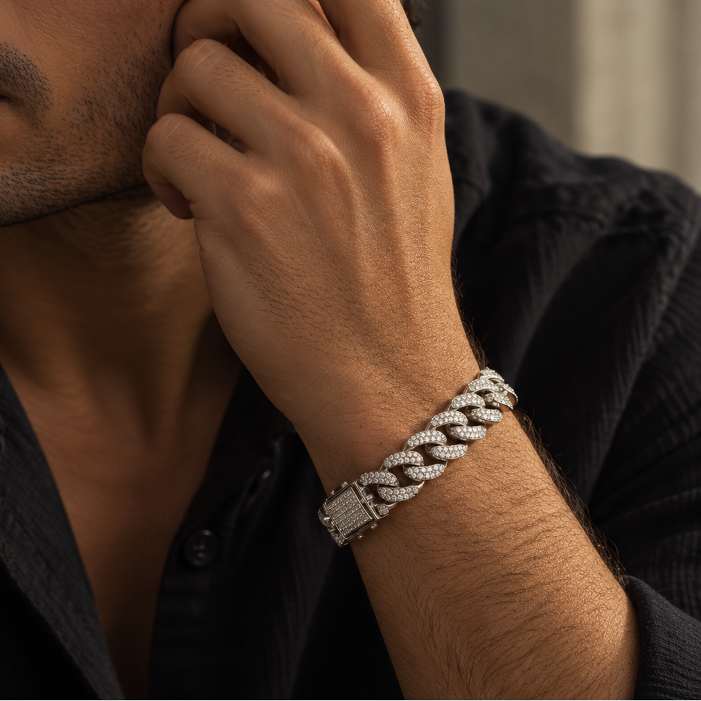 Rhodium Plated 925 Sterling Silver Lab Grown Diamond Miami Cuban 9.5mm Bracelet