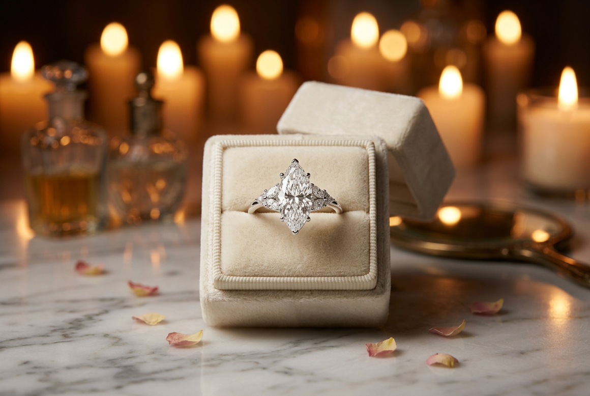 Marquise engagement ring in an ivory velvet ring box