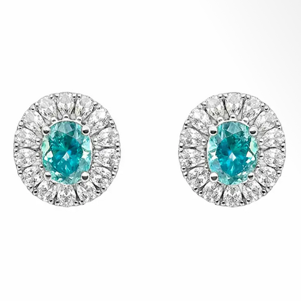 925 Sterling Silver 5.78 Ctw Blue & White Moissanite Oval Halo Earrings