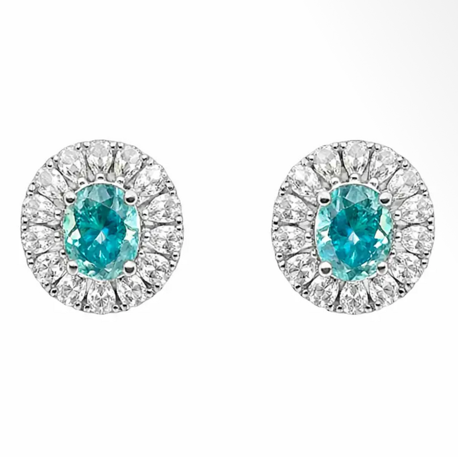 925 Sterling Silver 5.78 Ctw Blue & White Moissanite Oval Halo Earrings