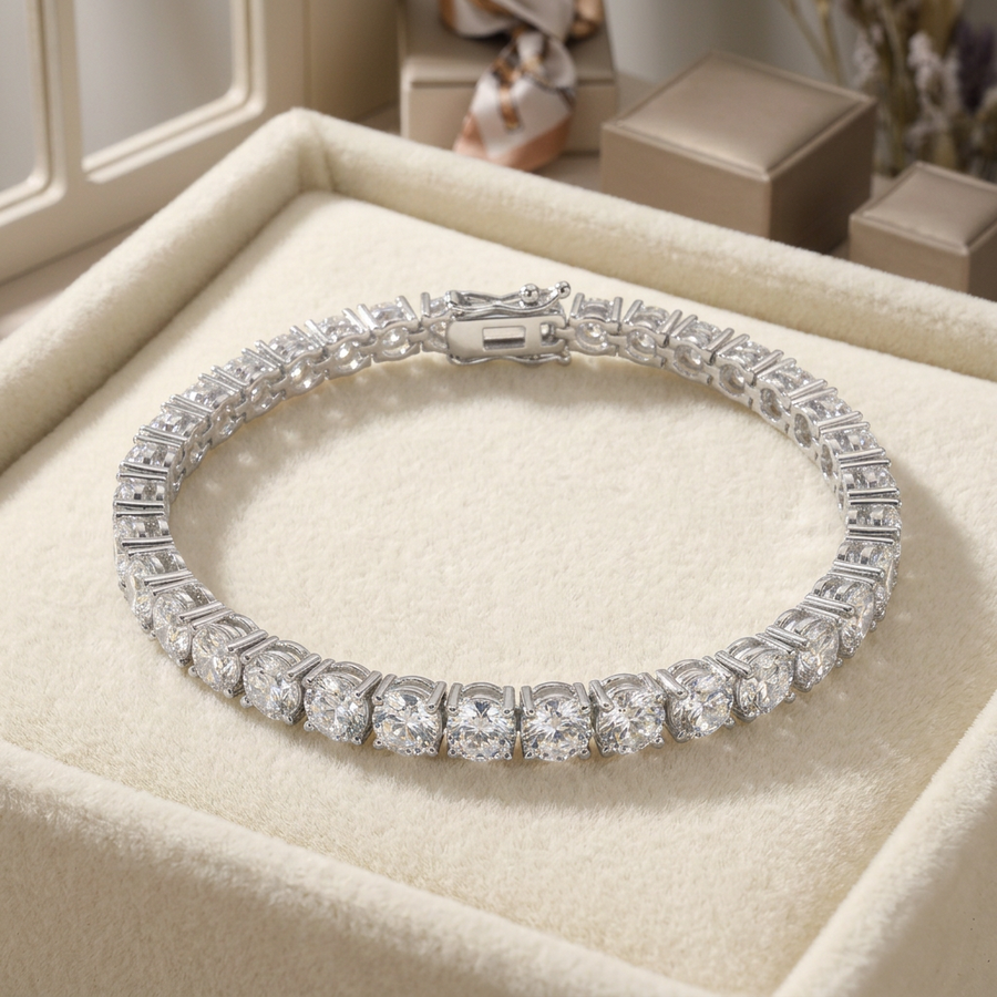 Rhodium Plated 925 Sterling Silver 4mm Round Lab Grown Diamond Tennis Bracelet