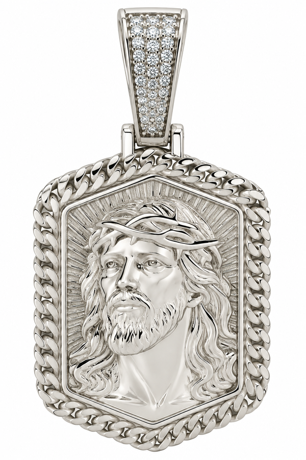 Sterling Silver Moissanite Jesus Face Cuban Link Hexagonal Pendant