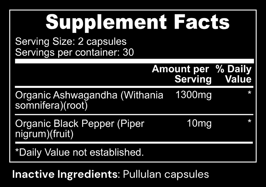 Organic Ashwagandha w/ Organic Black Pepper Capsules (60 ct)