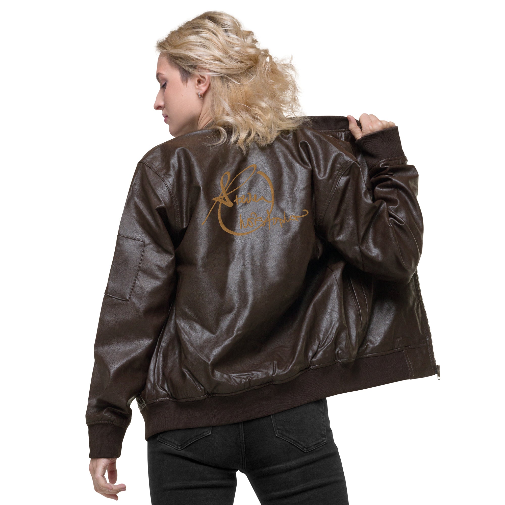 Steven Christopher Lifestyle Wear | Unisex Brown Faux Leather Bomber Jacket  w/ White & Olde Gold Embroidery