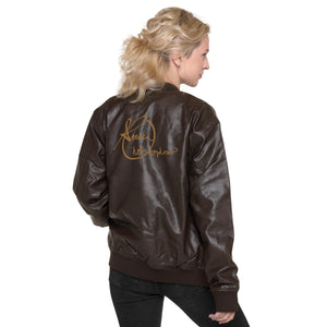 Steven Christopher Lifestyle Wear | Unisex Brown Faux Leather Bomber Jacket w/ White & Olde Gold Embroidery