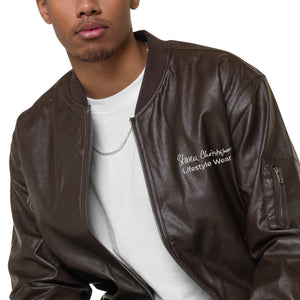 Steven Christopher Lifestyle Wear | Unisex Brown Faux Leather Bomber Jacket w/ White & Olde Gold Embroidery